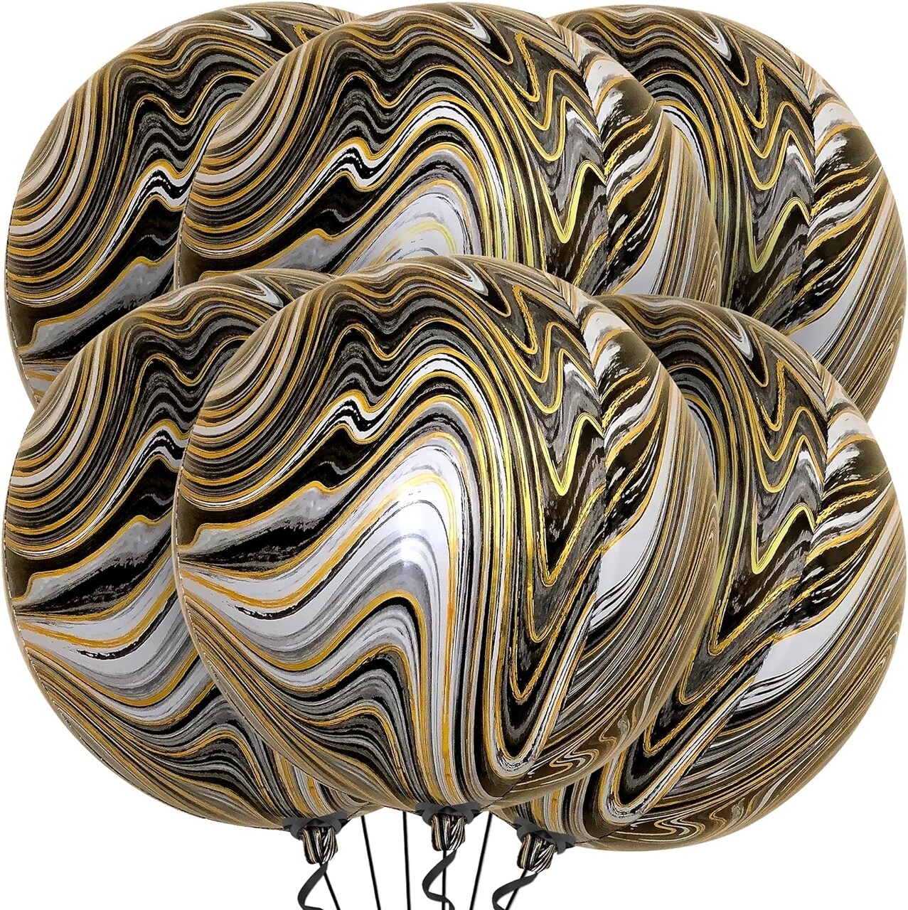Black and Gold Marble Balloons - 22 Inch, Pack of 6 | Marble Black and Gold Balloons, Black Agate Balloons | Gold and Black Balloons | Marble Foil Balloons for Black and Gold Birthday Decor